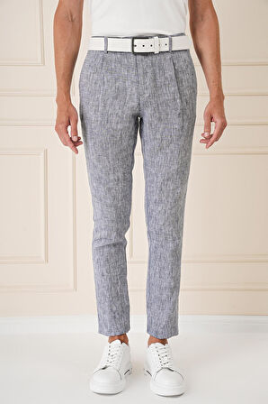 P 1145 Comfort Fit Beli Lastikli Pileli Keten Casuel Lacivert Pantolon