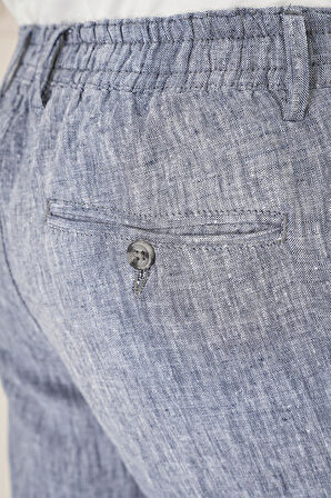 P 1145 Comfort Fit Beli Lastikli Pileli Keten Casuel Lacivert Pantolon