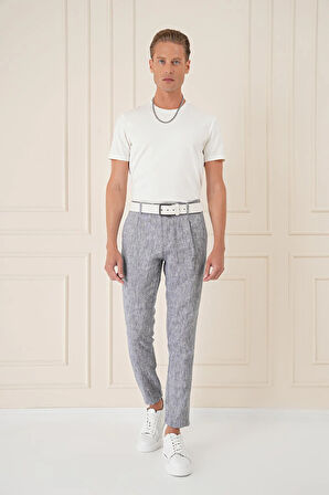 P 1145 Comfort Fit Beli Lastikli Pileli Keten Casuel Lacivert Pantolon