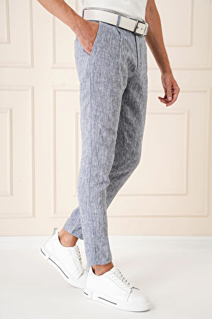 P 1145 Comfort Fit Beli Lastikli Pileli Keten Casuel Lacivert Pantolon