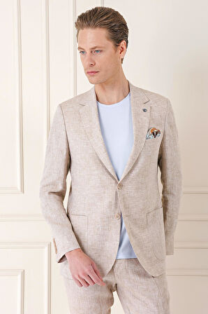 C 666 Comfort Fit Torba Cep Çift Yırtmaç %100 Keten Casuel Bej Ceket