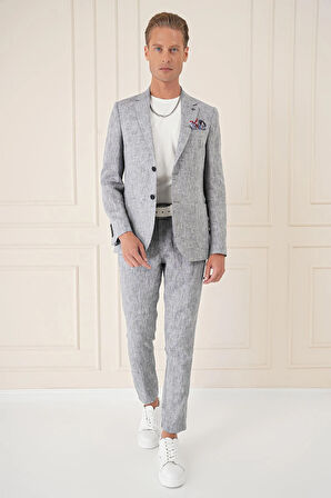 C 666 Comfort Fit Torba Cep Çift Yırtmaç %100 Keten Casuel Lacivert Ceket