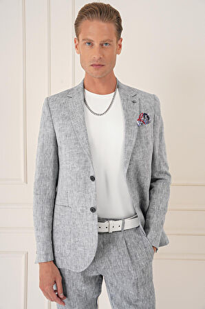 C 666 Comfort Fit Torba Cep Çift Yırtmaç %100 Keten Casuel Lacivert Ceket