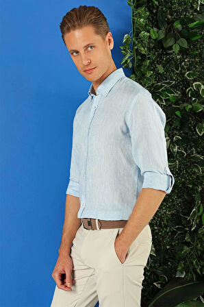 G 1564 Comfort Fit Düğmeli Yaka %100 Keten Apoletli Casuel Mavi Gömlek