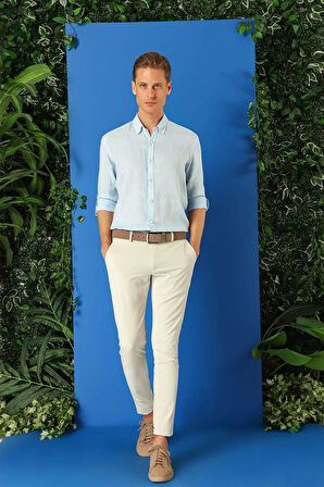 G 1564 Comfort Fit Düğmeli Yaka %100 Keten Apoletli Casuel Mavi Gömlek