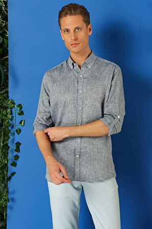 G 1564 Comfort Fit Düğmeli Yaka %100 Keten Apoletli Casuel Lacivert Gömlek