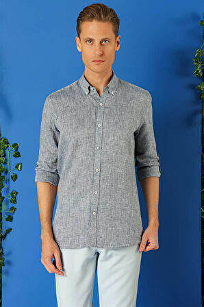 G 1564 Comfort Fit Düğmeli Yaka %100 Keten Apoletli Casuel Lacivert Gömlek