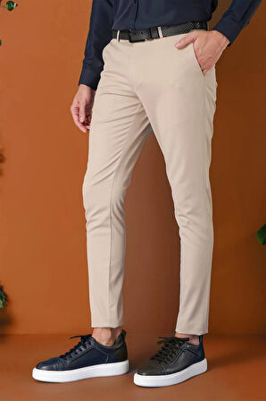 P 1147 Slim Fit Yan Cep Esnek Pamuk Casuel Bej Pantolon