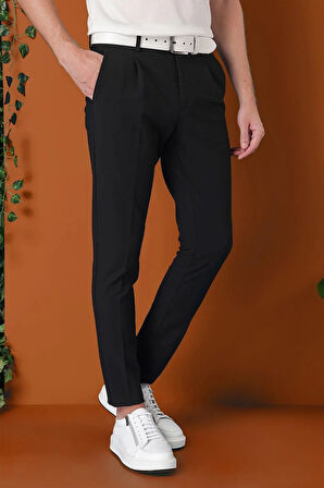 P 1148 Comfort Fit Gofre Kumaş Pileli Pamuk Casuel Siyah Pantolon