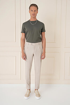 P 1148 Comfort Fit Gofre Kumaş Pileli Pamuk Casuel Bej Pantolon