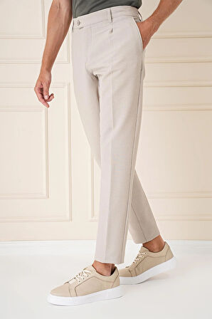 P 1148 Comfort Fit Gofre Kumaş Pileli Pamuk Casuel Bej Pantolon
