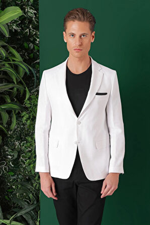 C 668 Comfort Fit Çift Yırtmaç %100 Keten Casuel Beyaz Ceket