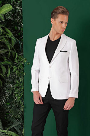 C 668 Comfort Fit Çift Yırtmaç %100 Keten Casuel Beyaz Ceket