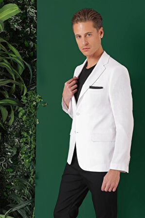 C 668 Comfort Fit Çift Yırtmaç %100 Keten Casuel Beyaz Ceket