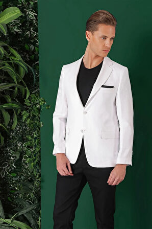 C 668 Comfort Fit Çift Yırtmaç %100 Keten Casuel Beyaz Ceket