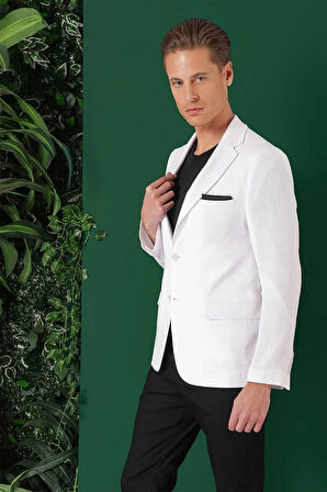 C 668 Comfort Fit Çift Yırtmaç %100 Keten Casuel Beyaz Ceket