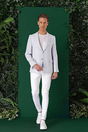C 668 Comfort Fit Çift Yırtmaç %100 Keten Casuel Mavi Ceket