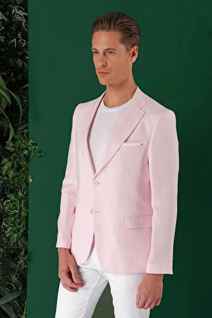 C 668 Comfort Fit Çift Yırtmaç %100 Keten Casuel Pembe Ceket