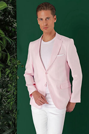 C 668 Comfort Fit Çift Yırtmaç %100 Keten Casuel Pembe Ceket