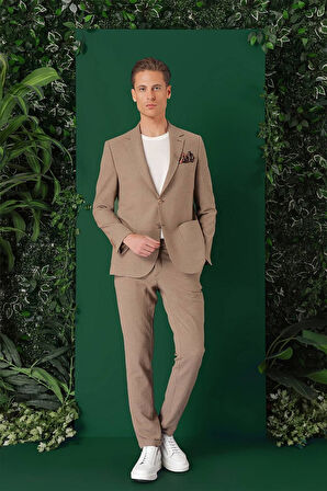 C 669 Comfort Fit Torba Cep Pötikare Gofre Kumaş Esnek Casuel Bej Ceket