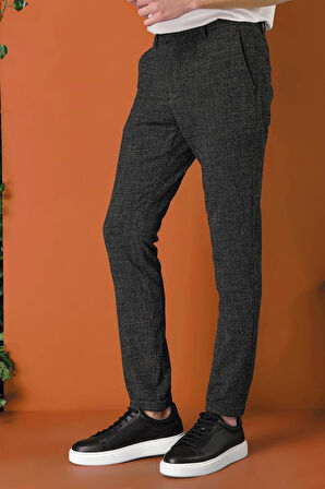 P 1149 Comfort Fit Beli Lastikli Pötikareli Casuel Siyah Pantolon
