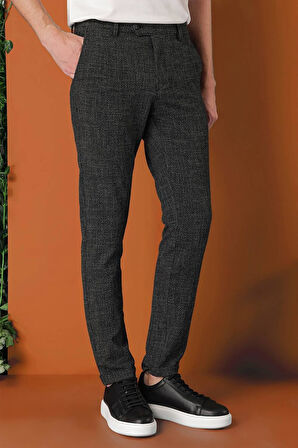 P 1149 Comfort Fit Beli Lastikli Pötikareli Casuel Siyah Pantolon