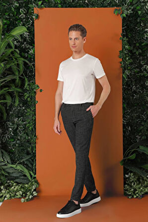 P 1149 Comfort Fit Beli Lastikli Pötikareli Casuel Siyah Pantolon