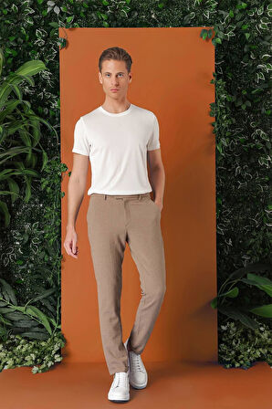 Comfort Fit Beli Lastikli Pötikareli Casual Bej Pantolon P 1149