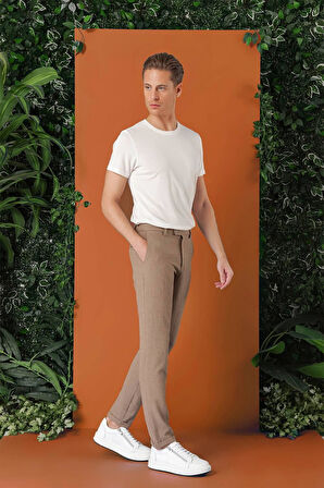 Comfort Fit Beli Lastikli Pötikareli Casual Bej Pantolon P 1149