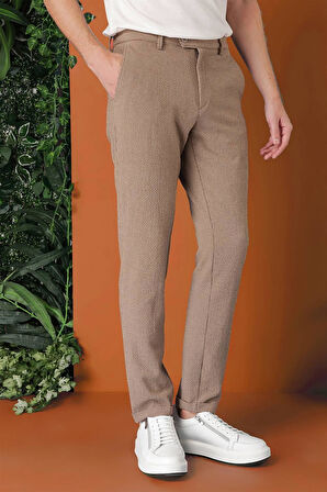 Comfort Fit Beli Lastikli Pötikareli Casual Bej Pantolon P 1149