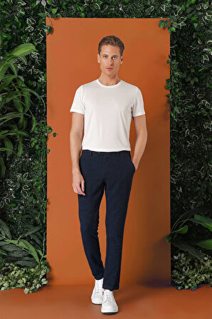 Comfort Fit Beli Lastikli Pötikareli Casual Lacivert Pantolon P 1149
