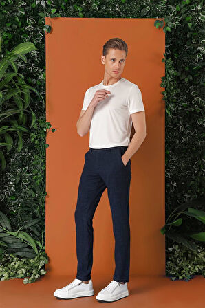 Comfort Fit Beli Lastikli Pötikareli Casual Lacivert Pantolon P 1149