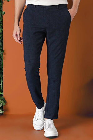 Comfort Fit Beli Lastikli Pötikareli Casual Lacivert Pantolon P 1149