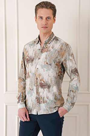 G 1566 Comfort Fit Düğmeli Yaka Batik Desenli Pamuk Vizon Gömlek