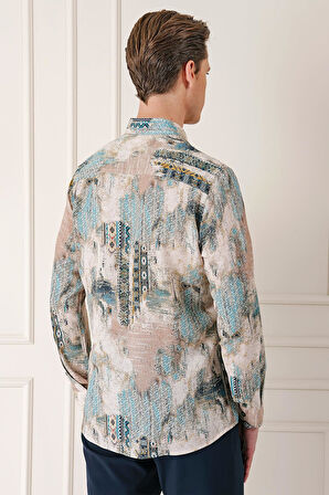 G 1566 Comfort Fit Düğmeli Yaka Batik Desenli Pamuk Mint Gömlek