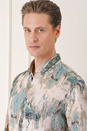 G 1566 Comfort Fit Düğmeli Yaka Batik Desenli Pamuk Mint Gömlek