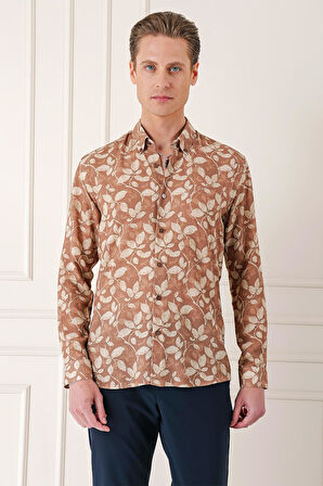 G 1567 Comfort Fit Düğmeli Yaka Yaprak Desenli Pamuk Casuel Vizon Gömlek