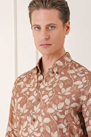 G 1567 Comfort Fit Düğmeli Yaka Yaprak Desenli Pamuk Casuel Vizon Gömlek