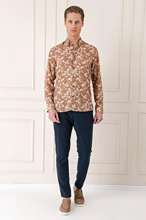 G 1567 Comfort Fit Düğmeli Yaka Yaprak Desenli Pamuk Casuel Vizon Gömlek