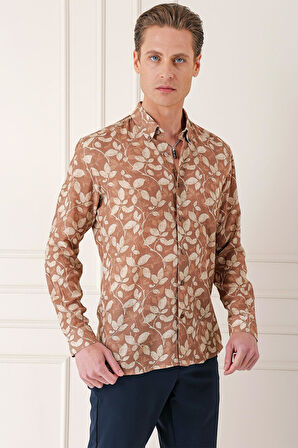 G 1567 Comfort Fit Düğmeli Yaka Yaprak Desenli Pamuk Casuel Vizon Gömlek
