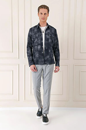 G 1568 Comfort Fit Yan Cep Batik Desenli %100 Pamuk Çıtçıtlı Siyah Gömlek Ceket