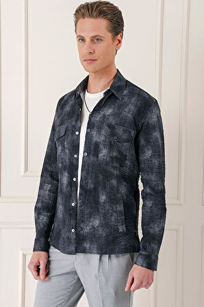 G 1568 Comfort Fit Yan Cep Batik Desenli %100 Pamuk Çıtçıtlı Siyah Gömlek Ceket