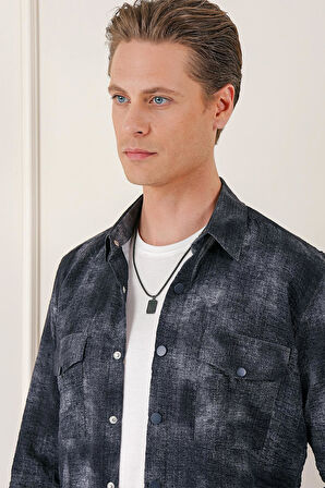 G 1568 Comfort Fit Yan Cep Batik Desenli %100 Pamuk Çıtçıtlı Siyah Gömlek Ceket