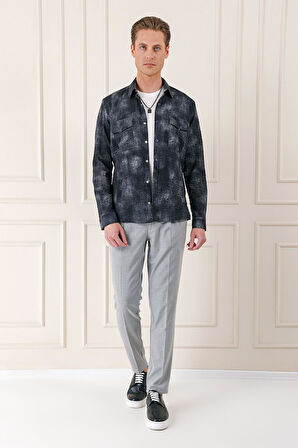 G 1568 Comfort Fit Yan Cep Batik Desenli %100 Pamuk Çıtçıtlı Siyah Gömlek Ceket