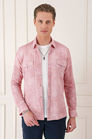 G 1568 Comfort Fit Yan Cep Batik Desenli %100 Pamuk Çıtçıtlı Pudra Gömlek Ceket