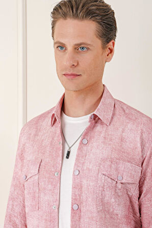 G 1568 Comfort Fit Yan Cep Batik Desenli %100 Pamuk Çıtçıtlı Pudra Gömlek Ceket