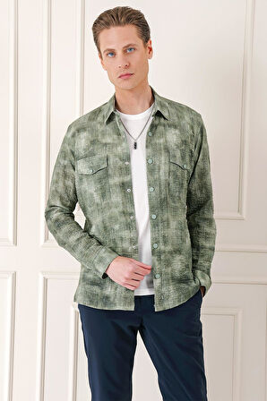 G 1568 Comfort Fit Yan Cep Batik Desenli %100 Pamuk Çıtçıtlı Haki Gömlek Ceket