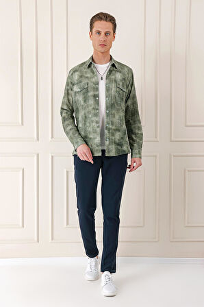 G 1568 Comfort Fit Yan Cep Batik Desenli %100 Pamuk Çıtçıtlı Haki Gömlek Ceket