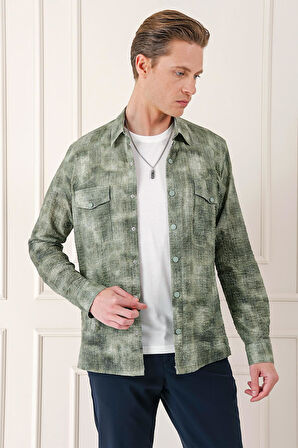 G 1568 Comfort Fit Yan Cep Batik Desenli %100 Pamuk Çıtçıtlı Haki Gömlek Ceket