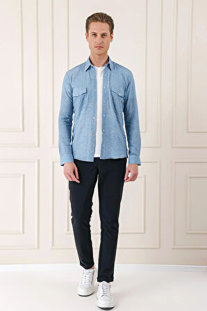 G 1569 Kapaklı Cep Batik Desenli %100 Pamuk Çıtçıtlı Mavi Gömlek